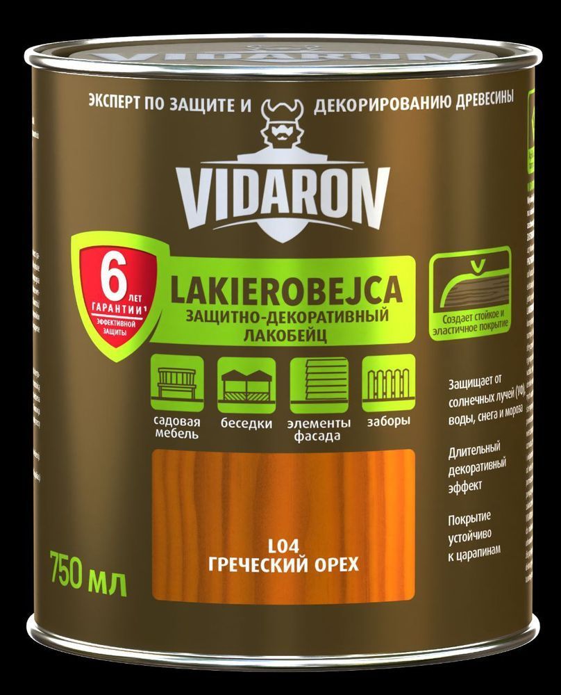 Захисно-декоративний засіб для деревини ТМ Vidaron Лакобейц L 04 грецький горіх гл.0.75 л 1/8/1