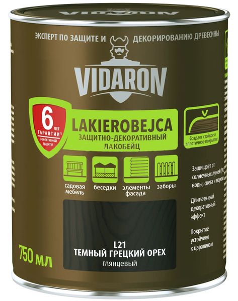 Защитно-декоративное средство для древесины L21 темный грецкий орех Vidaron Лакобейц 0.75 л