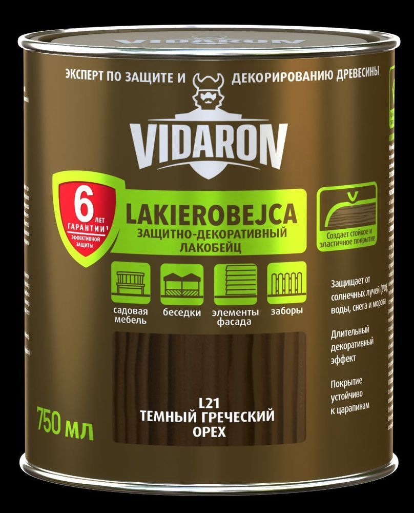 Захисно-декоративний засіб для деревини ТМ Vidaron Лакобейц L21темний грецький горіх 0.75 л 1/8/1