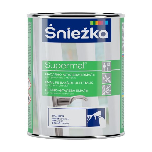 Емаль олійно-фталева для деревини та металу Sniezka Supermal ral 9003 білий, 0.8 л
